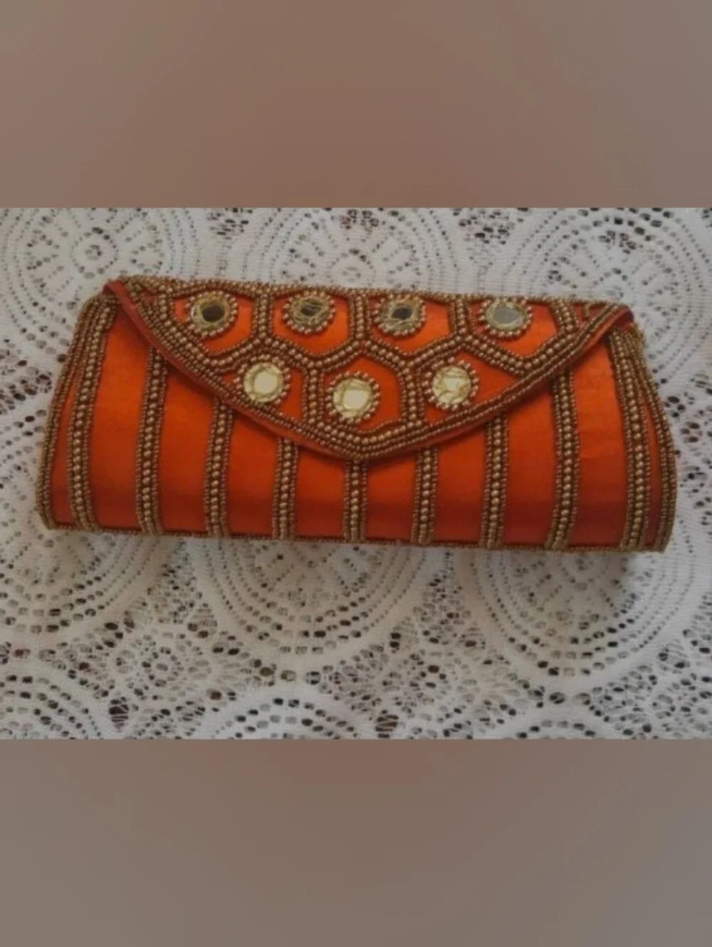Embellished Orange Beaded Envelope Clutch